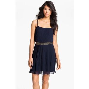 ✨HP✨Adrianna Papell Navy Chiffon Pleated Beaded Blouson Party Sz 12P Dress✨